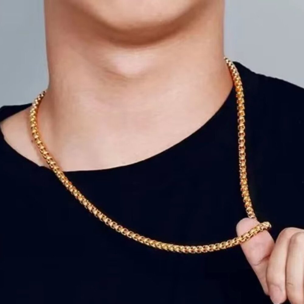 ⭐ Incredible 22" Round Box Chain 4mm Wide 18K Gold ⭐ - Picture 2 of 5